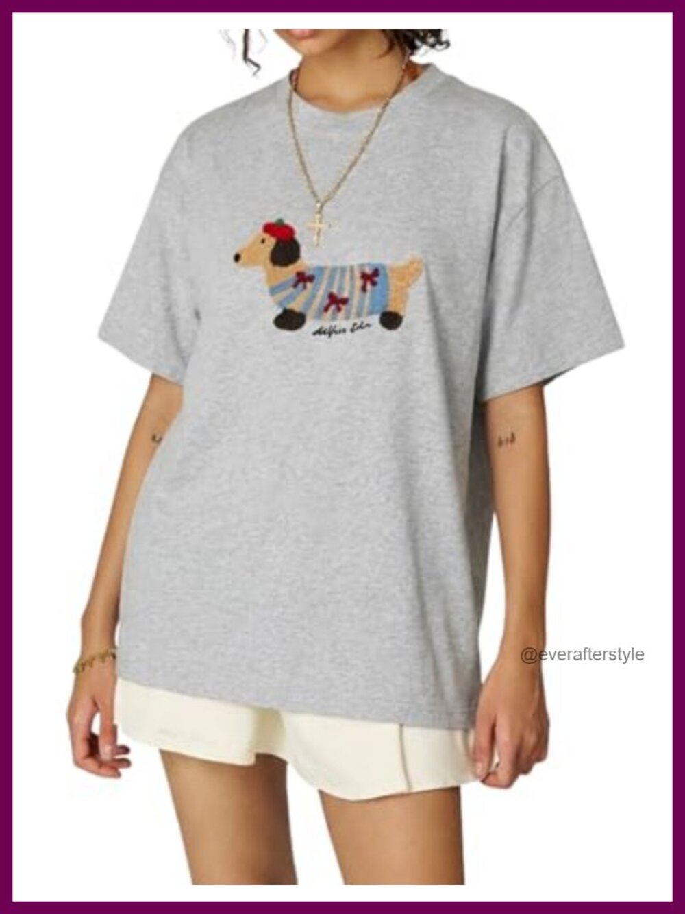 Oversized Graphic Dog Embroidery Cotton T-Shirt Casual Crew Neck Short Sleeve